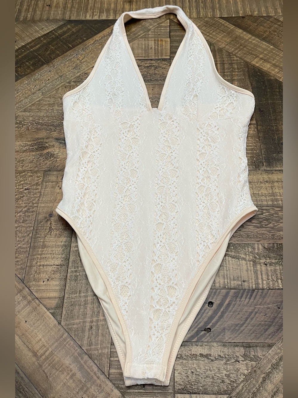 Cream Lace Halter Bodysuit with V-Neck